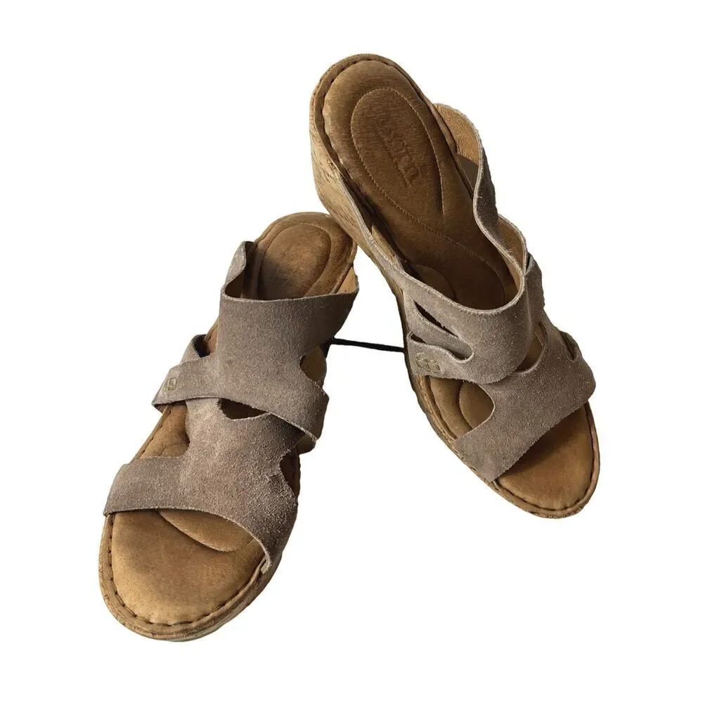Born Tan Suede Wedge Cork Sandals Womens Sz 11 M Slip On Open Toe Comfort Casual